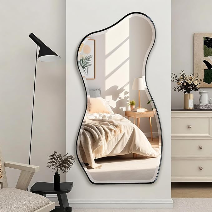 POZINO Irregular Beveled Mirror, 53"x25" Large Asymmetrical Aesthetic Wall Mirror with Metal Frame, Modern Premium Organic Shaped Mirrors for Living Room Bedroom Hallway Entryway, Leaning/Wall-Mount