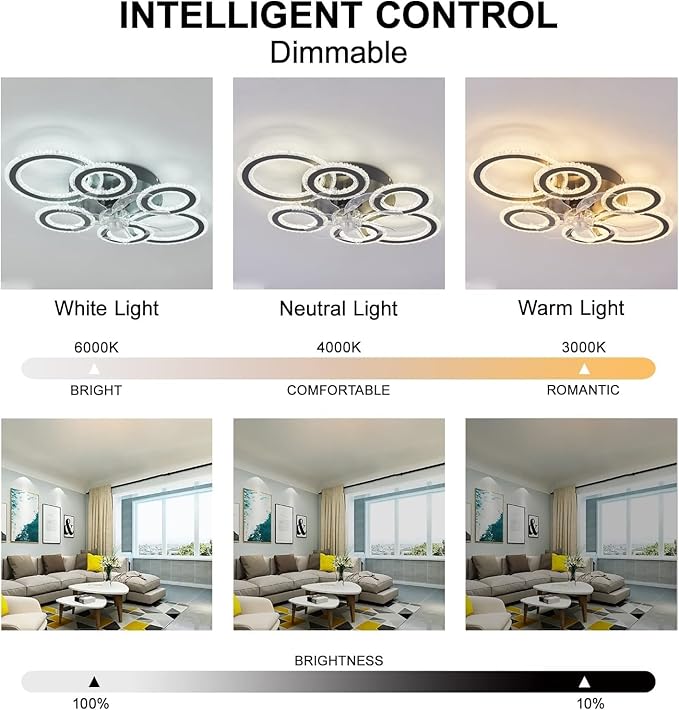 76CM Smart Ceiling Light with Fan DC Motor 6 Gear Reversible Bedroom Ceiling Fan with Lighting LED Dimmable Quiet Modern Living Room Lamp with Fan (Color : Black)