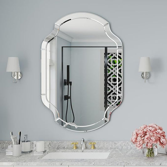 Large Mirror for Wall Decor, 40"x28" Decorative Living Room Mirrors with Scalloped Corner, Beveled Bathroom Mmirror for Entryway, Dining Room, Mantel, Hang Horizontally or Vertically