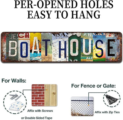 Boat House Vintage Metal Tin Sign - Rustic Nautical Wall Art for Lake Cabin, Dock, Coastal, Marina Décor - 4x16 Inch