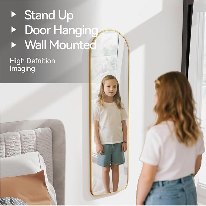 SCWF-GZ 47x14 Mirror Full Length Back Door Hanging or Wall Mounted Aluminum Metal Frame Arch Mirrors for Entryway Bedroom Bathroom Dressing Living Room 47 14 inch Gold