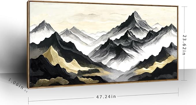 Large Framed Contemporary Black White And Gold Living Room Wall Art, Canvas Print Of Landscape Mountains; Unique Abstract Natural Artwork For Bedrooms, Offices, Studies, Entryways, And Living Rooms. 48X24 Inches.