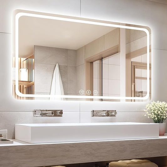 55" x 36" Led Bathroom Mirror with Lights, Anti-Fog & Tri-Color Lighting - Wall Mounted Shaving Mirror with Touch Sensor, Waterproof & Smart LED Vanity Mirror,Tempered Glass, Dimmable Smart Mirror