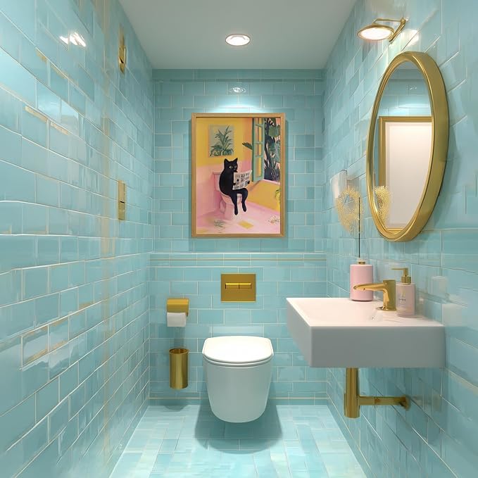 Cyebmo Funny Bathroom Wall Art, Cute Black Cat Sitting on Toilet Reading Newspaper Wall Decor, Whimsical Pink Abstract Animal Canvas Artwork for Bathroom Kid's Restroom Bedroom Wood Framed 16x24 Inch