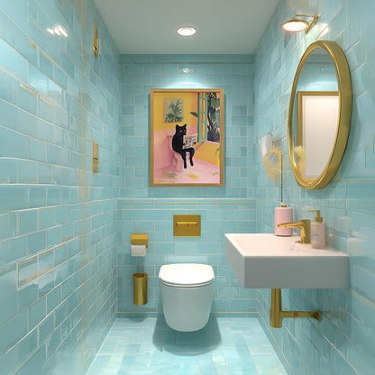 Cyebmo Funny Bathroom Wall Art, Cute Black Cat Sitting on Toilet Reading Newspaper Wall Decor, Whimsical Pink Abstract Animal Canvas Artwork for Bathroom Kid's Restroom Bedroom Wood Framed 12x16 Inch