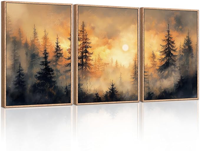 HLNIUC Nature Forest Sunset Framed Canvas Wall Art,Large Landscape Misty Forest Wall Decor,Orange Mountain Foggy Pine Artwork Set of 3 (24x36),Watercolor Sunrise Prints for Living Room,Bedroom,Office