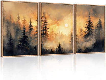 HLNIUC Nature Forest Sunset Framed Canvas Wall Art,Large Landscape Misty Forest Wall Decor,Orange Mountain Foggy Pine Artwork Set of 3 (24x36),Watercolor Sunrise Prints for Living Room,Bedroom,Office