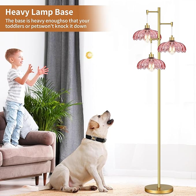 AHDWDW Gold Floor Lamp for Living Room,Modern Floor Lamps with Unique Pink Glass Shades,3 Lights Mid Century Tall Standing Lamp,Vintage Tree Flower Floor Lamp for Bedroom Corner Office Reading