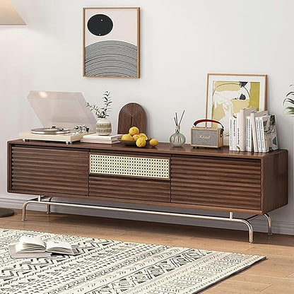 TV Stand TV Stand, Modern Entertainment Center, TV-Console with Cable Hole, Wood TV Cabinet, No Assembly Required, TV Tables with Storage, for Living Room, Bedroom(Black,Wood Leg)