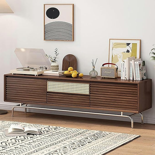 TV Stand TV Stand, Modern Entertainment Center, TV-Console with Cable Hole, Wood TV Cabinet, No Assembly Required, TV Tables with Storage, for Living Room, Bedroom(Black,Wood Leg)