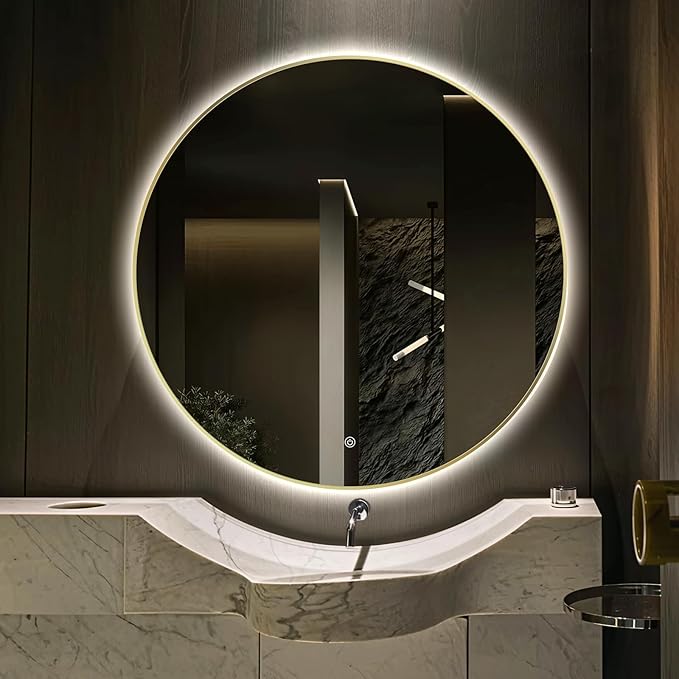 28" Round LED Bathroom Mirror, Wall Mounted Round Backlit Mirror LED Bathroom Vanity Mirror with Light Fog Free Circle Lighted Mirror with Shiny Gold Frame, Smart Light up Mirror 3-Color