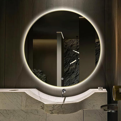 28" Round LED Bathroom Mirror, Wall Mounted Round Backlit Mirror LED Bathroom Vanity Mirror with Light Fog Free Circle Lighted Mirror with Shiny Gold Frame, Smart Light up Mirror 3-Color