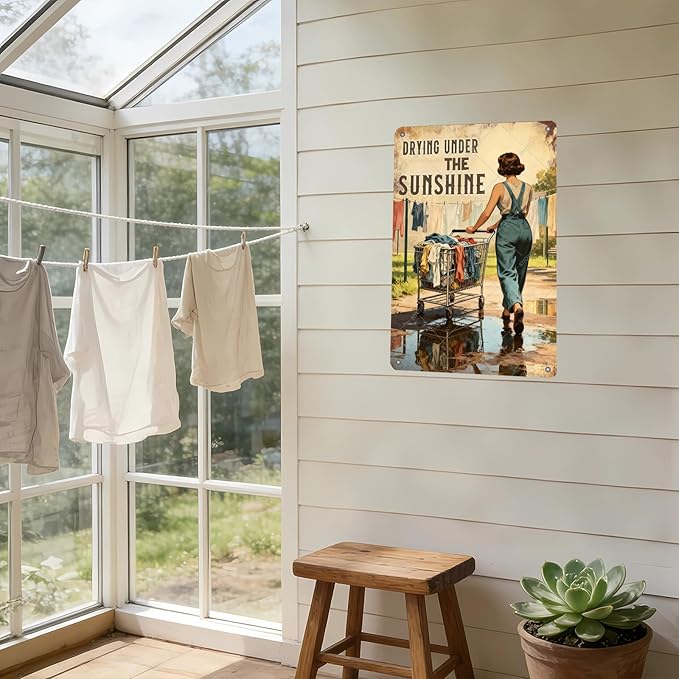 Drying Under The Sunshine Tin Sign Rustic Laundry Room Decor Vintage Metal Wall Art for Farmhouse Kitchen Bathroom 16x12 Inch