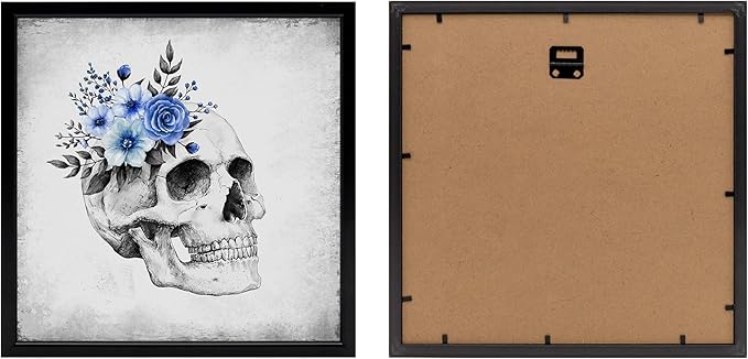 KREATIVE ARTS 4-Piece Gothic Skull Canvas Wall Art Set with Black Frame, 12x12 Each, Grey and Blue Floral Skeleton Anatomy Prints Framed Artwork Ready to Hang