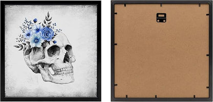 KREATIVE ARTS 4-Piece Gothic Skull Canvas Wall Art Set with Black Frame, 12x12 Each, Grey and Blue Floral Skeleton Anatomy Prints Framed Artwork Ready to Hang