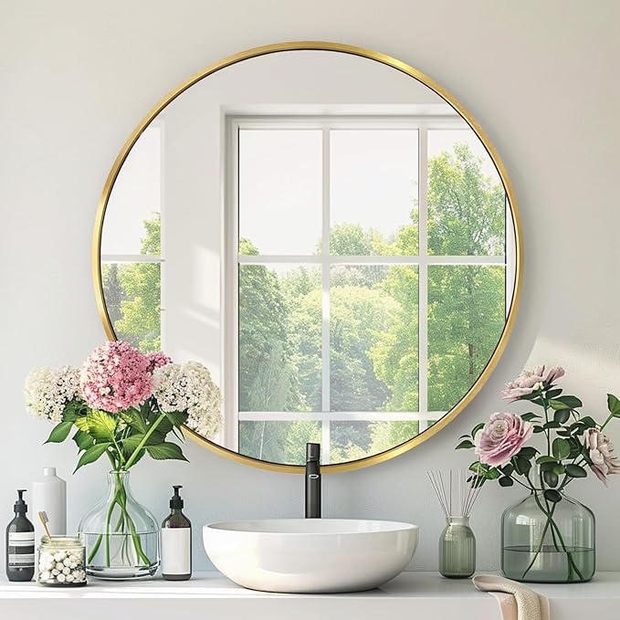 Circle Gold Mirror, Round Mirror 20 inch, Circle Wall Mirror Metal Frame, Round Wall Mounted Mirrors for Bathroom, Living Room, Bedroom, Rustic, Vanity, Entryway