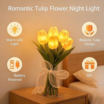Radiant Romantic Tulip Light with Vase, 15 PCS Twinkling Tree Tulips LED Night Light Long-Lasting Brightness, Flower Shaped Ambient Night Lamp for Bedroom Bedside Decor & Gift (red)