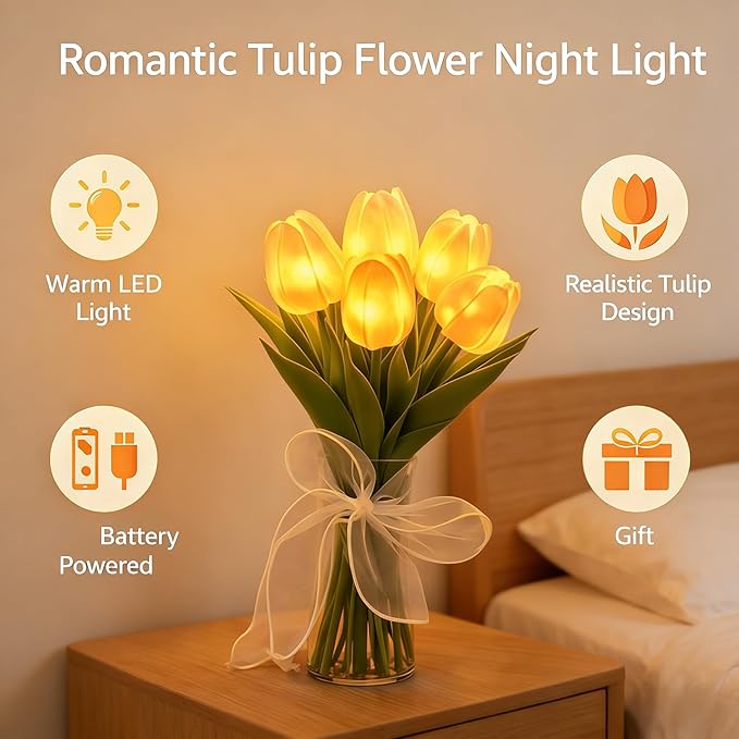 Radiant Romantic Tulip Light with Vase, 15 PCS Twinkling Tree Tulips LED Night Light Long-Lasting Brightness, Flower Shaped Ambient Night Lamp for Bedroom Bedside Decor & Gift (Yellow)