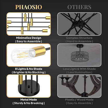 Modern Sputnik Chandelier Ceiling Light Fixture, 8-Light Mid Century Industrial Semi Flush Mount Light for Dining Room, Kitchen Island, Bedroom, Living Room, Matte Black and Gold, Adjustable Arms
