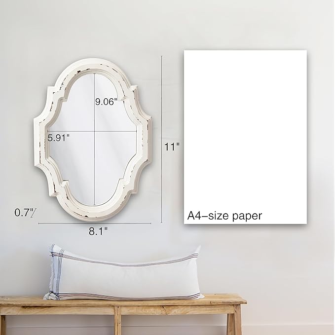 Small Vintage Oval Mirrors for Wall Decor 11 inch, Hanging Farmhouse Wood Entryway Mirror, Distressed White Rustic Scalloped Mirror, Ornate Accent Sculpted Mirrors for Living Room