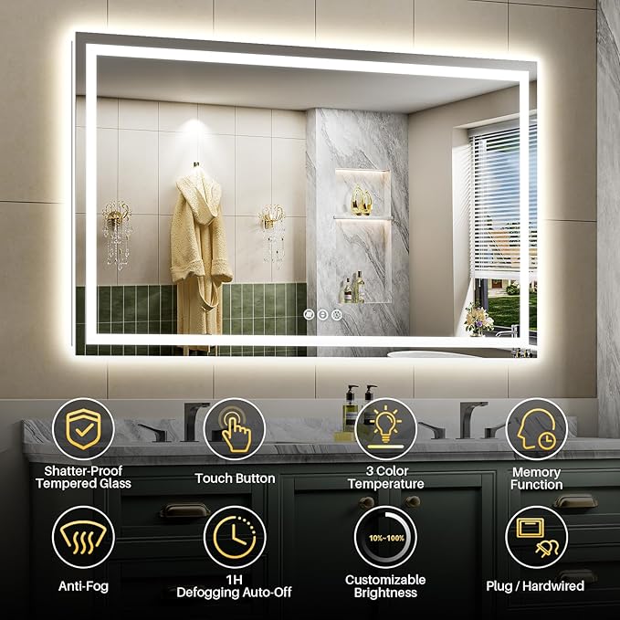 Briivue 66x36 Inch LED Bathroom Mirror with Lights, Backlit & Front Lit, Anti-Fog Lighted Bathroom Vanity Mirror for Wall, Memory Function, Dimmable, HD Tempered Glass, Shatter-Proof