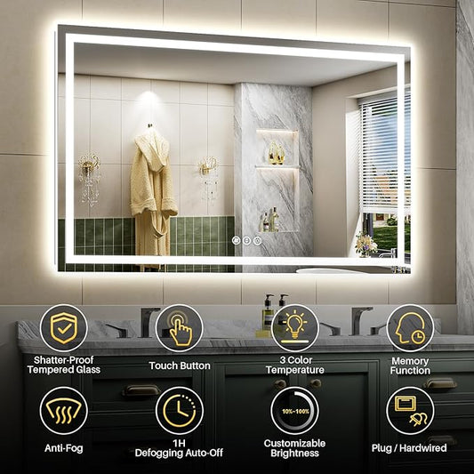 Briivue 66x40 Inch LED Bathroom Mirror with Lights, Backlit & Front Lit, Anti-Fog Lighted Bathroom Vanity Mirror for Wall, Memory Function, Dimmable, HD Tempered Glass, Shatter-Proof