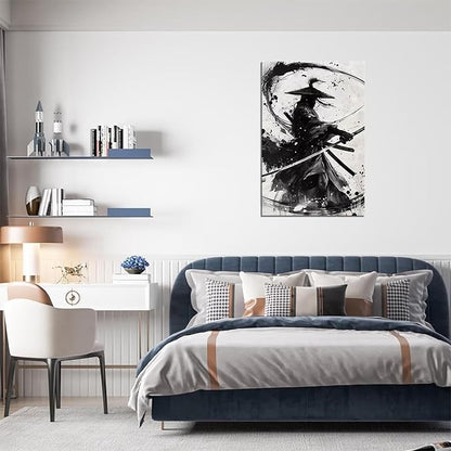 Japanese Samurai Wall Art Black and White Warrior Wall Decor Prints Vintage Japanese Cultural Samurai Pictures Canvas Painting Framed for Living Room Bathroom Bedroom Office (24''W x 36''H)
