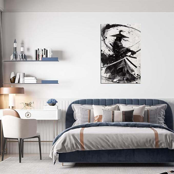Japanese Samurai Wall Art Black and White Warrior Wall Decor Prints Vintage Japanese Cultural Samurai Pictures Canvas Painting Framed for Living Room Bathroom Bedroom Office (28''W x 44''H)