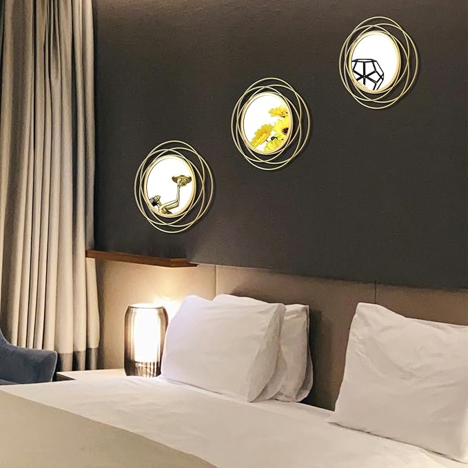 3 Set. Round Mirrors for Wall Decor Living Room Bedroom Bathroom Dining Room Metal Circle Mirror Set Boho Decorative Sunburst Wall Art Accent Entryway - Gold 9.5 in.