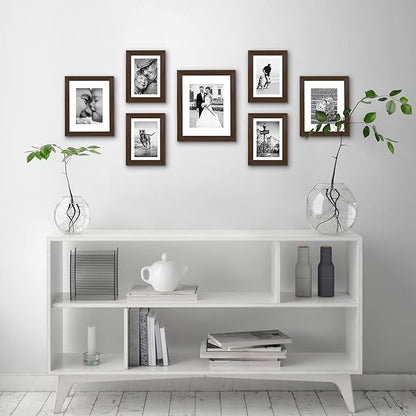 Americanflat Set of 7 Picture Frames with Shatter-Resistant Glass - Gallery Wall Frame Set with One 11x14, Two 8x10 and Four 5x7 Frames - Signature Collection - Walnut