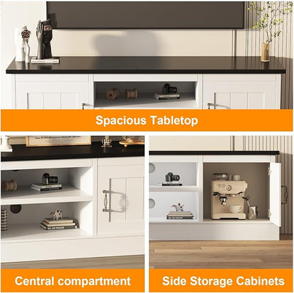 GAOMON 61" Farmhouse TV Stand for TVs Up to 65 Inch, Wooden Entertainment Center with 2 Storage Cabinets, Open Shelves & Cable Management, Rustic Media Console Table, White & Black