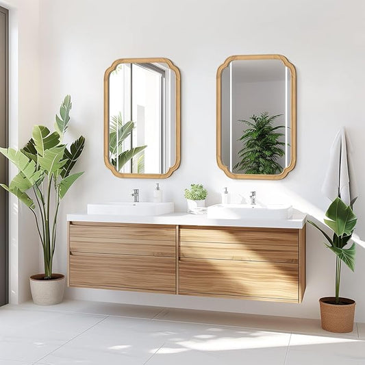 HOMECOOKIN Wood Bathroom Mirror for Wall Decor Arched Rounded Corner Rustic Wood Frame Wall Mirror Home Decorative for Vanity, Living Room, Bedroom, Entryway (20 x 30 inch, Natural)