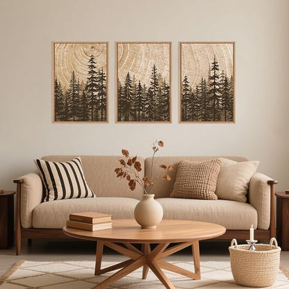 Forest Pine Tree Framed Canvas Wall Art Set,Rustic Woodland Landscape Wall Decor,Large Vintage Natural Painting,Retro Brown Artwork for Living Room,Bedroom, Kitchen,Study,Office-16 x24 x3