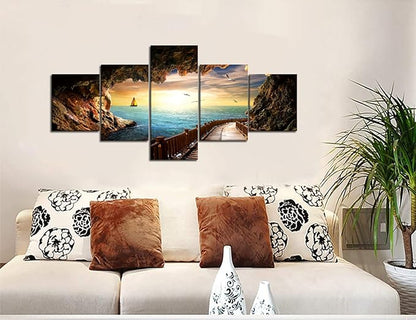 Landscape Sunset Seagulls Stone Scene Picture Modern Painting on Canvas 5 Panels Framed Wall Art for Living Room Bedroom Kitchen Home Decor Stretched Gallery Canvas Wrap Giclee Print (50’’W x 24’’H)
