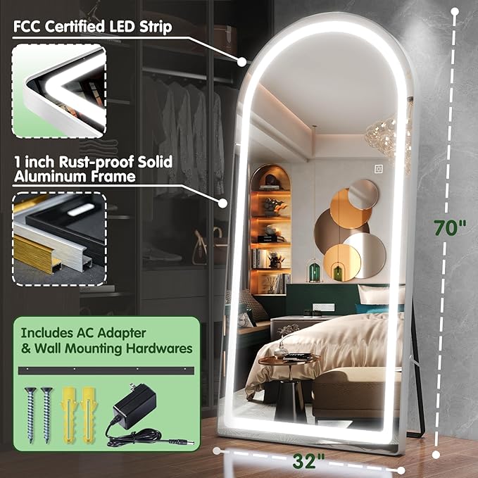 FENNIO Full Length Mirror with Lights, 70" x 32" LED Full Body Mirror, Free Standing Lighted Floor Mirror, Wall Mounted Hanging Mirror for Bedroom, Salon, Dimmable, 3 Color Lighting [Tempered Glass]