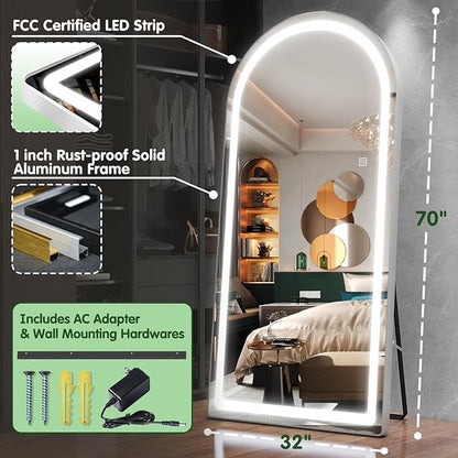 FENNIO Full Length Mirror with Lights, 70" x 32" LED Full Body Mirror, Free Standing Lighted Floor Mirror, Wall Mounted Hanging Mirror for Bedroom, Salon, Dimmable, 3 Color Lighting [Tempered Glass]
