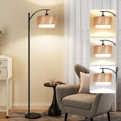 SUNMORY Floor Lamps for Living Room with 12W LED Bulb, Arc Floor Lamp with 3 Color Temperatures, Farmhouse Floor Lamps with Adjustable Rattan & Fabric Shades, Boho Standing Lamp for Bedroom, Corner