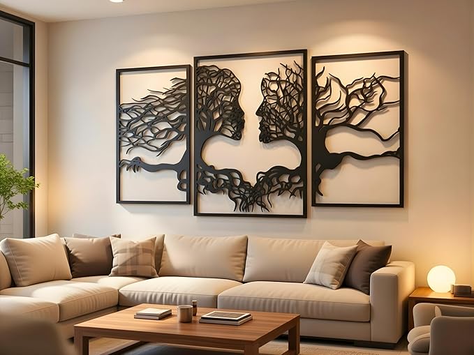 VAILLA Tree of Life Wall Wooden Art Abstract Tree Man Woman Face Large 3D Wooden Wall Decor Set of 3 Hanging Sculpture Modern Home Decoration 3D Textured Sculptures for Living Room Bedroom Office Dinnig Room (71"L x 39"W)
