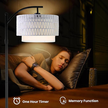 Yusist Arc Floor Lamp for Living Room,Farmhouse Floor Lamps with Remote Control & Dimmable Bulb,White Rattan Boho Tall Standing Lamp for Bedroom Office