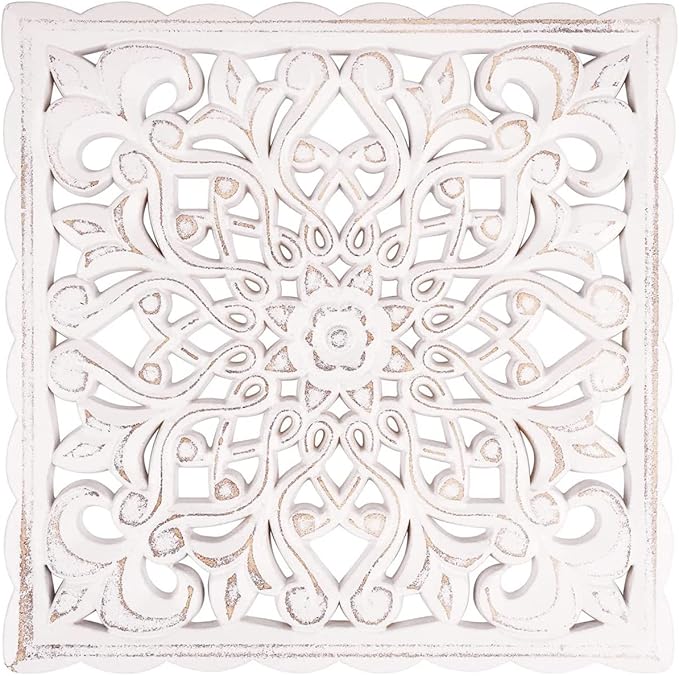 HOTBEST Wooden Wall Decor Floral Hollow Carved Wall Panel Hanging Decor Rustic Wall Art Sculpture Home Wall Ornament for Hallway Bedroom Living Room Cafe Office ...(Square 30 * 30cm)