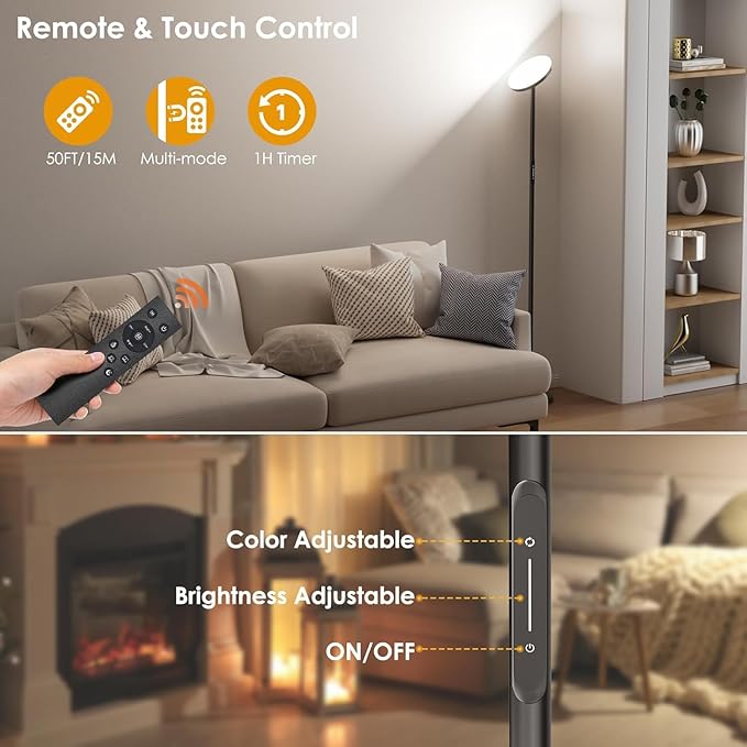 Super Bright LED Floor Lamp, Torchiere Floor Lamp with Remote & Touch Control, 4 Color Temps and 32W 3000LM, 69" Tall Standing Lamp with 350°Rotating Head, Dimmable Floor Lamps for Living Room Bedroom