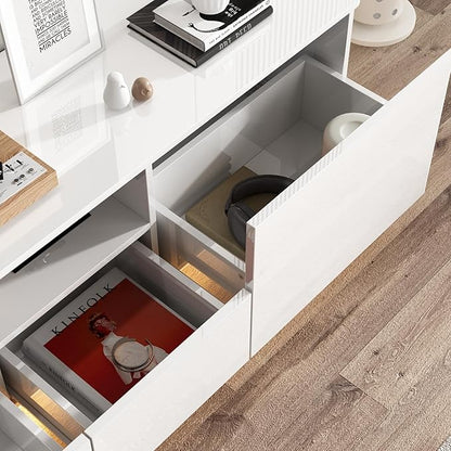 70” LED TV Stand, High Gloss TV Stand with Lights, Modern Glossy Media Console with 4 Drawers & Open Shelf, Entertainment Center for Living Room White, 14.5”D x 70.8”W x 17.3”H