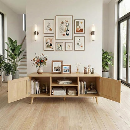 holzart Mid Century Modern Rattan TV Stand for 55/60 Inch TV - 53" Boho Media Console Table with Cane Doors & Open Shelves, Oak Wood Finish Entertainment Center for Living Room, Hallway, Entryway