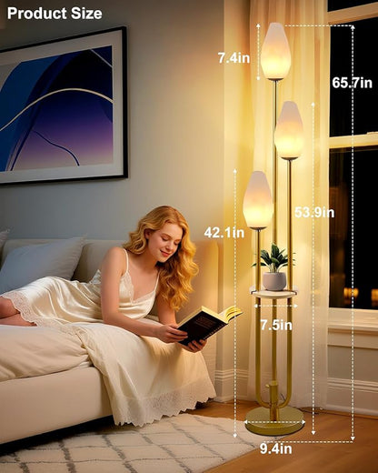 Gold Floor Lamp with Tray, 3-Lights Dimmable Floor Lamps with Rock-Shaped Shade, Unique Candle Holder Style Modern Tall Standing Lamp with 5Lbs Heavy Base for Living Room/Party(Bulbs Included)