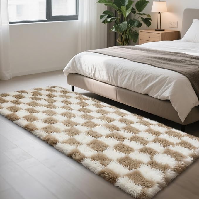 Checkered Rug for Bedroom, 2x6 Beige and White Area Rugs, Classic Checkered Carpets Shag Area Rug, Bedside Rugs for Living Room Bedroom Kids Room Home Decor