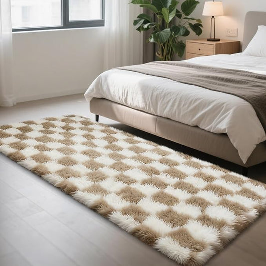 Checkered Rug for Bedroom, 2x6 Beige and White Area Rugs, Classic Checkered Carpets Shag Area Rug, Bedside Rugs for Living Room Bedroom Kids Room Home Decor
