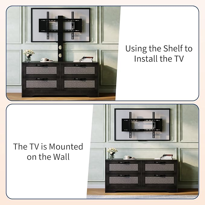 GarveeHome 4 Drawer Dresser TV Stand with Mount, XXX Inch Rattan Entertainment Center for TVs Up to 70 Inch, Farmhouse Wooden Media Console for Living Room, Bedroom, Black