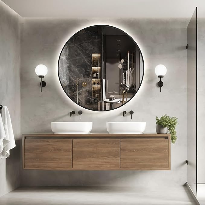 Niccy 48" LED Backlit Round Mirror for Bathroom, Black Framed Vanity Light Wall Mirror, LED Smart Circle Mirrors with 3 Lighting Colors, Round Lighted Mirror with Anti-Fog, IP65 Waterproof