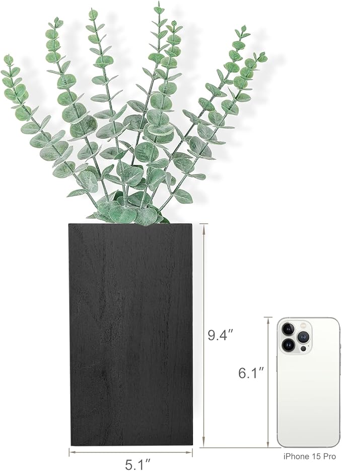 Dahey 2 Pack Wood Wall Planter Vase with Artificial Eucalyptus Farmhouse Wall Hanging Decor Pocket Planter for Indoor Fake Plants Greenery, Living Room Bedroom Kitchen Home Office Decoration, Black