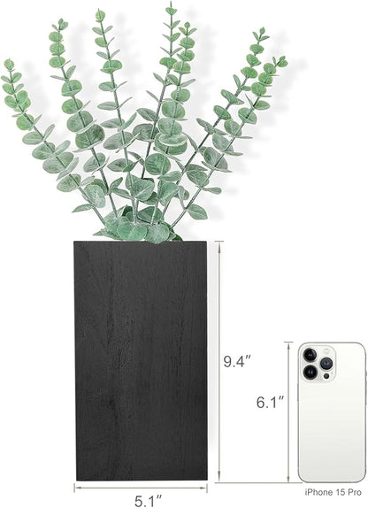 Dahey 2 Pack Wood Wall Planter Vase with Artificial Eucalyptus Farmhouse Wall Hanging Decor Pocket Planter for Indoor Fake Plants Greenery, Living Room Bedroom Kitchen Home Office Decoration, Black